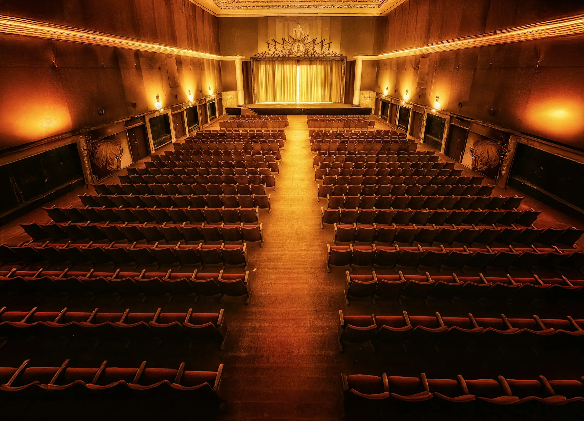Salle de spectacle vide aux murs de bois, rangées de fauteuils rouges menant à une scène éclairée